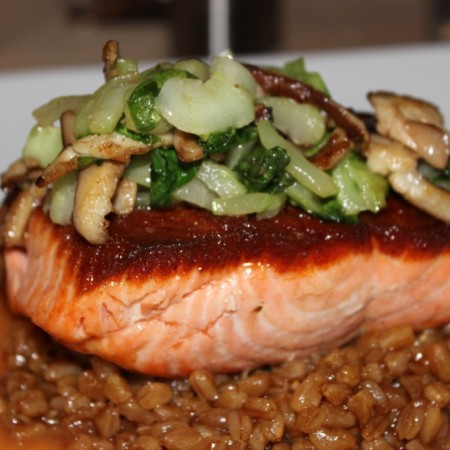 butcher block grill boca raton. pan roasted salmon with lemon spiked farro, shiitake mushrooms and bok choy, blood orange reduction
