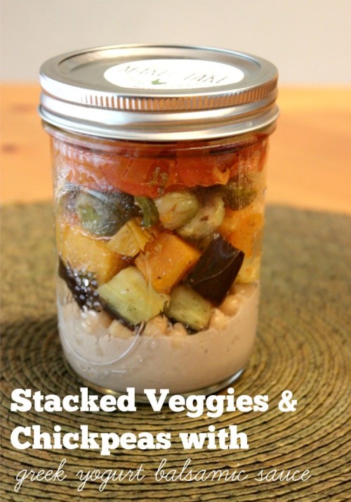 Stacked Veggies and Chickpeas with Greek Yogurt Balsamic Sauce #stonyfieldblogger #sponsored