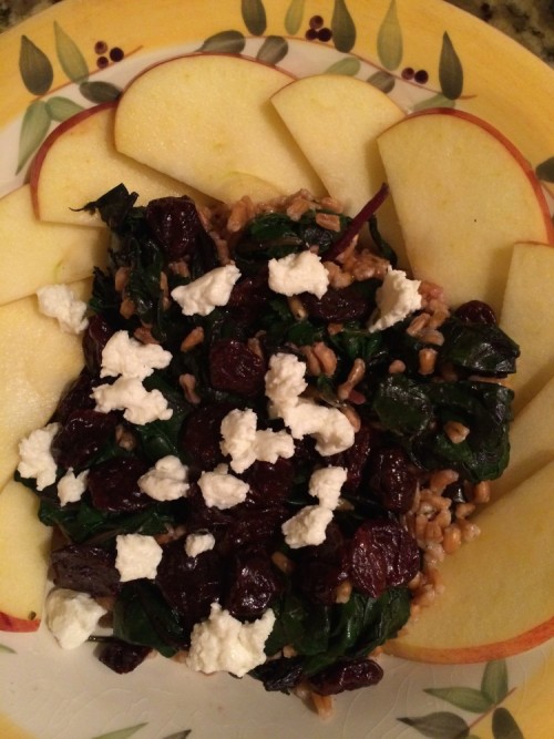 warm farro salad with beet greens, apples, and dried cherries