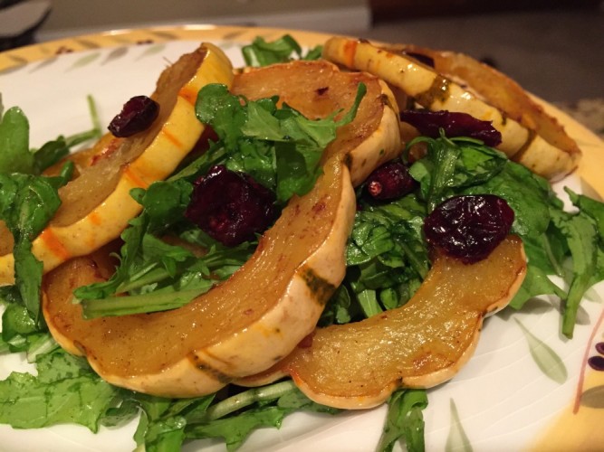 roasted delicata squash with arugula and dried cranberries