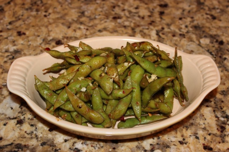 spicy charred edamame with ginger and chili pepper