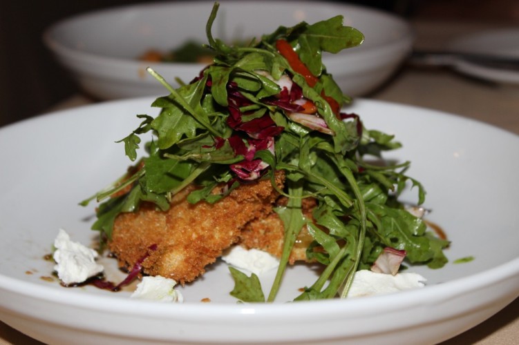 butcher block grill boca raton. fried green tomato salad with arugula, raddicho, roasted red peppers, goat cheese and brown sugar balsamic vinaigrette