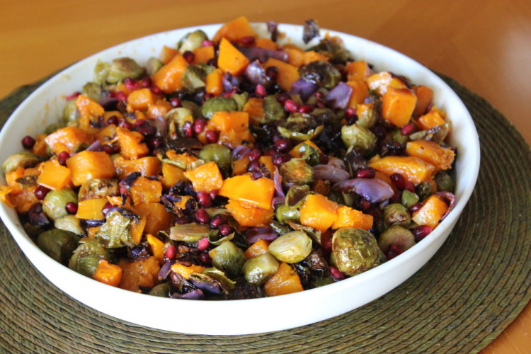 Roasted Butternut Squash and Brussels Sprouts with Pomegranate #SundaySupper