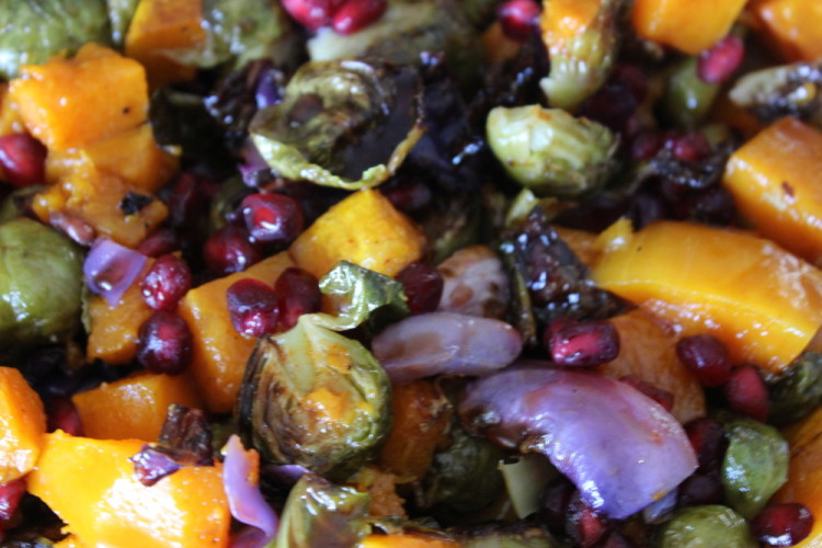 Roasted Butternut Squash and Brussels Sprouts with Pomegranate #SundaySupper