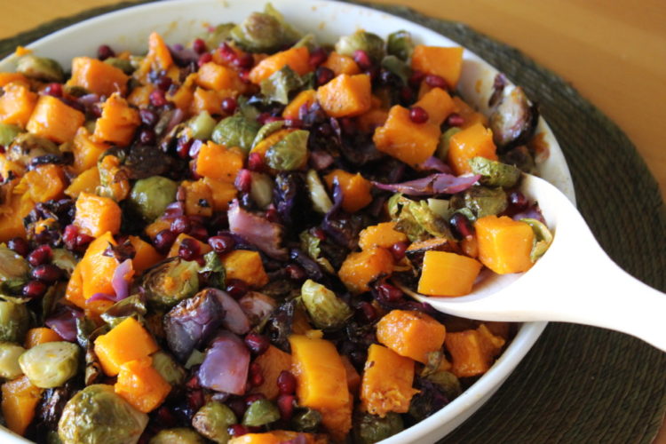 Roasted Butternut Squash and Brussels Sprouts with Pomegranate