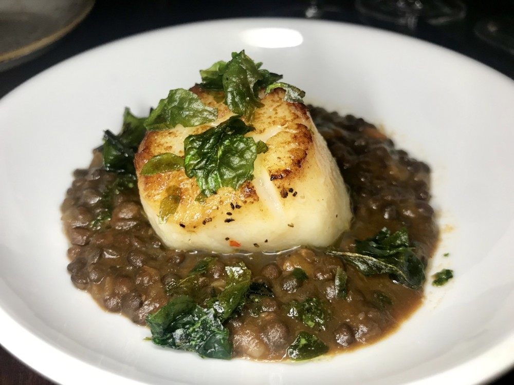 Galley at Hilton West Palm Beach, Lentil Soup with Scallop and Fried Spinach