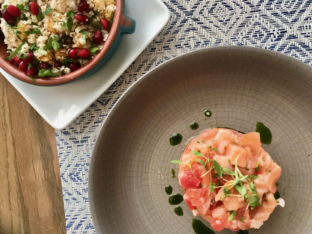 Boulud Sud Miami, Salmon Tartar and Cauliflower Tabbouleh